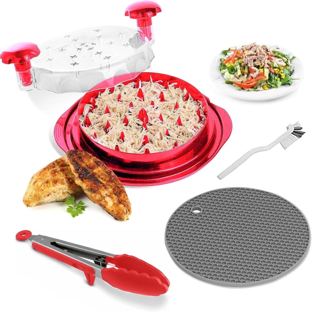 PrimeEase Chicken Shredder Tool Twist Large – 10” Meat Shredder Tool with Non-Slip Mat, Cleaning Brush & Tong – Meat Shredder for Chicken – Ergonomic Handle, Dishwasher Safe & BPA Free (Red)