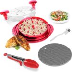 PrimeEase Chicken Shredder Tool Twist Large – 10” Meat Shredder Tool with Non-Slip Mat, Cleaning Brush & Tong – Meat Shredder for Chicken – Ergonomic Handle, Dishwasher Safe & BPA Free (Red)