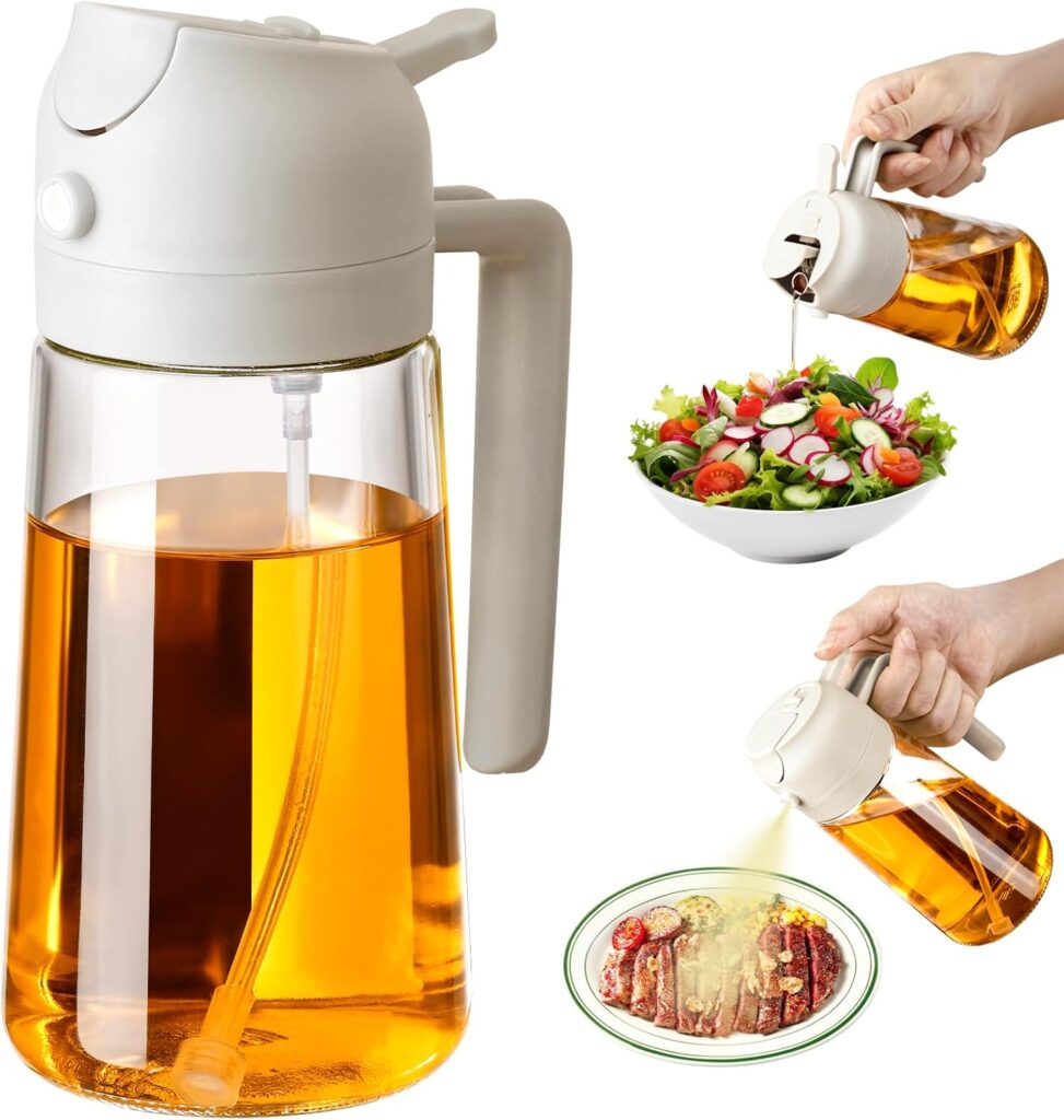 16oz/470ml Oil Dispenser and Oil Sprayer, Glass Olive Oil Pourer for Kitchen, Air Fryer, Cooking, Salad, BBQ (White)
