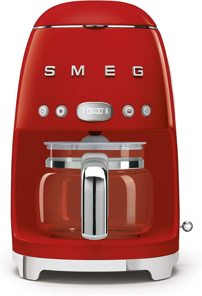 Smeg 50’s Retro Style Aesthetic Drip Coffee Machine with 10 Cup Glass Carafe, Auto Start Feature, Keep Warm Plate, and Two Coffee Strength Settings (Red)