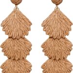 Raffia Dangle Earrings for Women – Boho Statement Rattan Drop Jewelry with Shell Design, Lightweight Summer Beach Trendy Accessories
