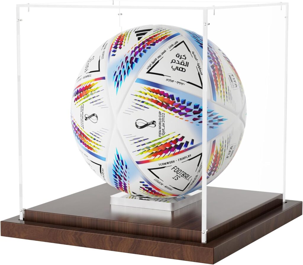 Soccer Ball Display Case with Wood Base, Clear Acrylic Display Case Soccer Box with Removable Built-in Ball Holder for Autographed Balls, Sports Collectibles, Memorabilia Displays