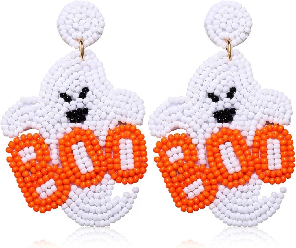 Halloween Beaded Boo Earrings for Women – Spooky Ghost Pumpkin Drop Dangle Jewelry – Handmade Gothic Costume Party Holiday Festive Gifts