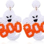 Halloween Beaded Boo Earrings for Women – Spooky Ghost Pumpkin Drop Dangle Jewelry – Handmade Gothic Costume Party Holiday Festive Gifts