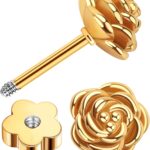 14K Gold Flower Earrings for Women Hypoallergenic Nap Flat Back Rose Flower Stud Earrings for Sensitive Ears Cute Handmade Cartilage Screw Back Earrings Studs