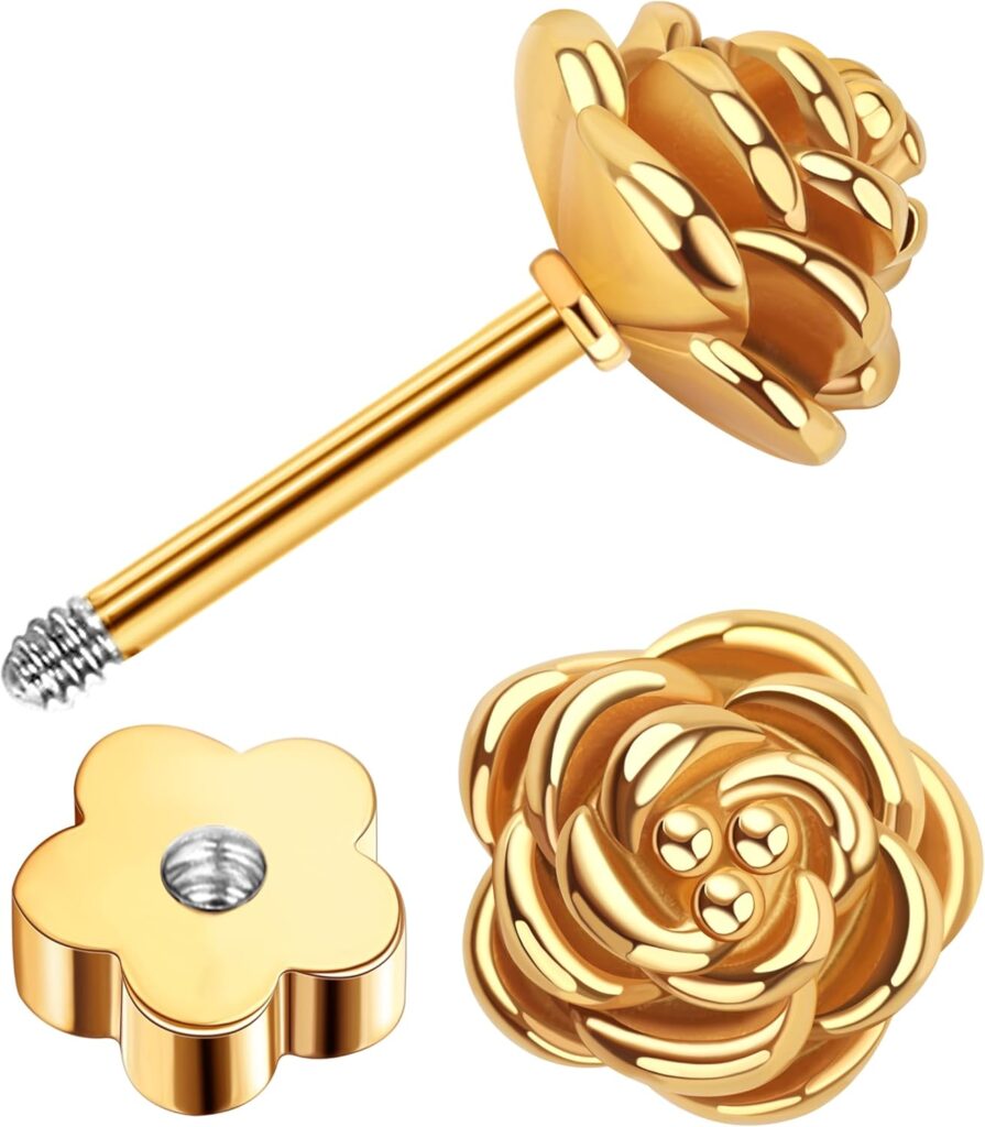 14K Gold Flower Earrings for Women Hypoallergenic Nap Flat Back Rose Flower Stud Earrings for Sensitive Ears Cute Handmade Cartilage Screw Back Earrings Studs