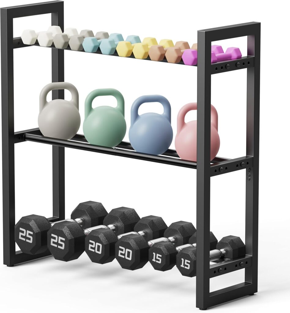 Pickpiff Adjustable 3-Tier Dumbbell Rack –Sturdy Heavy-Duty Metal Weight Storage Stand for Dumbbells and More – Space-Efficient Home Gym Organizer – 600 lb Capacity (Dumbbells Not Included)