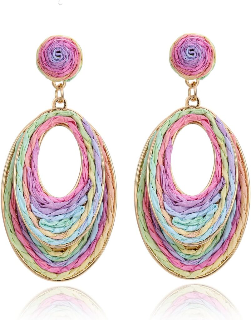 Handmade Raffia Hoop Earrings for Women – Lightweight Boho Dangle Jewelry, Summer Beach Vacation Accessories, Round Oval Straw Wrap Design