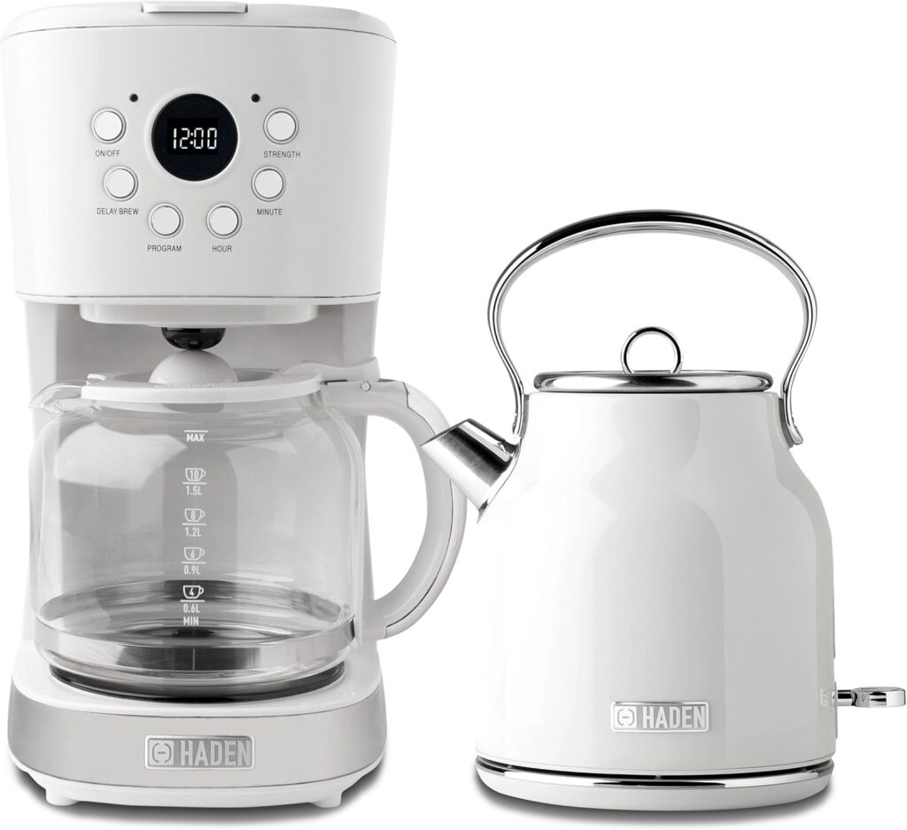 HADEN Coffee Machine, 12 Cup Drip Coffee Maker Bundled with Heritage 1.7 Liter Stainless Steel Electric Kettle, Ivory & Chrome