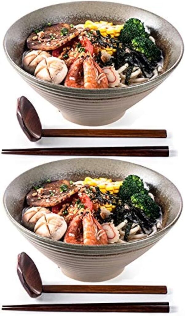 NJCHARMS Ceramic Ramen Bowls set, Noodles Soup Bowls, 2 Sets (6 Piece) 60 Ounce, Large Japanese Ceramic Ramen Bowl with Spoons and Chopsticks for Salad, Udon Pho Asian Noodles, Imitation pottery