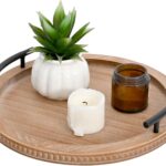 SwallowLiving Brown Wooden Beaded Serving Tray with Handle Decorative Rustic Tray for Coffee Table Farmhouse Round Tray for Kitchen, Living Room and Bedroom