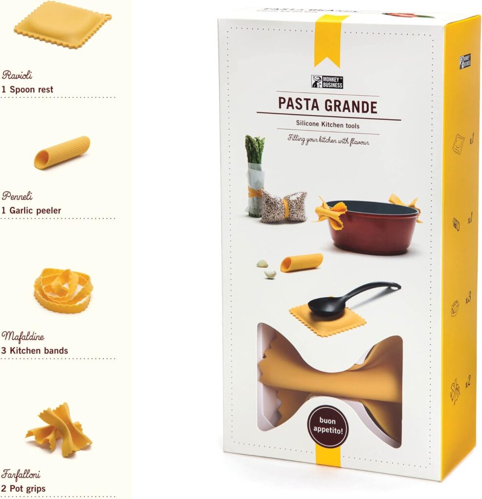 Pasta Grande – Fun Pasta Shaped Silicone Kitchen Tools in a Gift Box / 4 of our Pasta-shaped kitchen gadgets in one festive giftbox/Farfalloni, Ravioli, Penneli & Mafaldine/by Monkey Business