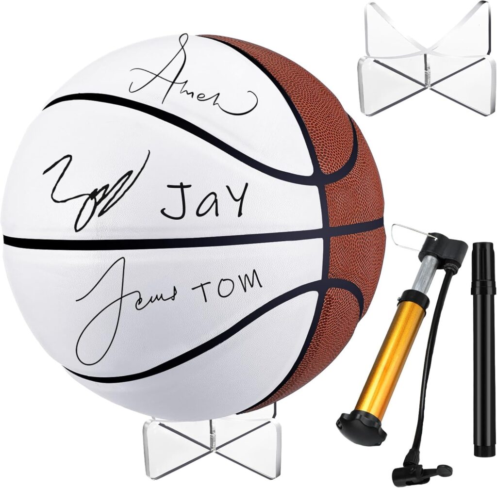 Liliful Autograph Basketball with Acrylic Ball Stand, Signature Pen and Pump Blank Signature Official Ball 4 Panel Basketball for Coach Gifts Birthday Gifts