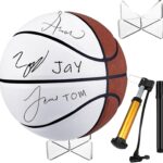 Liliful Autograph Basketball with Acrylic Ball Stand, Signature Pen and Pump Blank Signature Official Ball 4 Panel Basketball for Coach Gifts Birthday Gifts