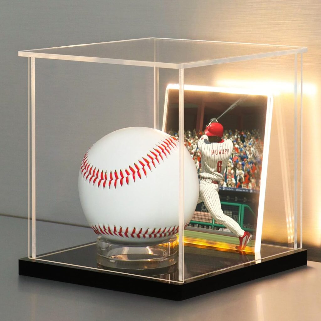 LANSCOERY LED Acrylic Baseball Display Case – Dustproof Clear Box with Three‑Color Lighting, Baseball Stand & Photo Card Frame – Showcase Autographed Memorabilia
