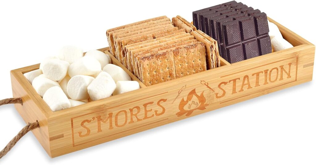 WANGDEFA S’mores Station Box Smores Caddy Smores Tray Smores Basket for Fire Pit S’mores Bar Holder Wooden Organizer Box for Serving Snacks Camping BBQ Accessories Displaying Utensils