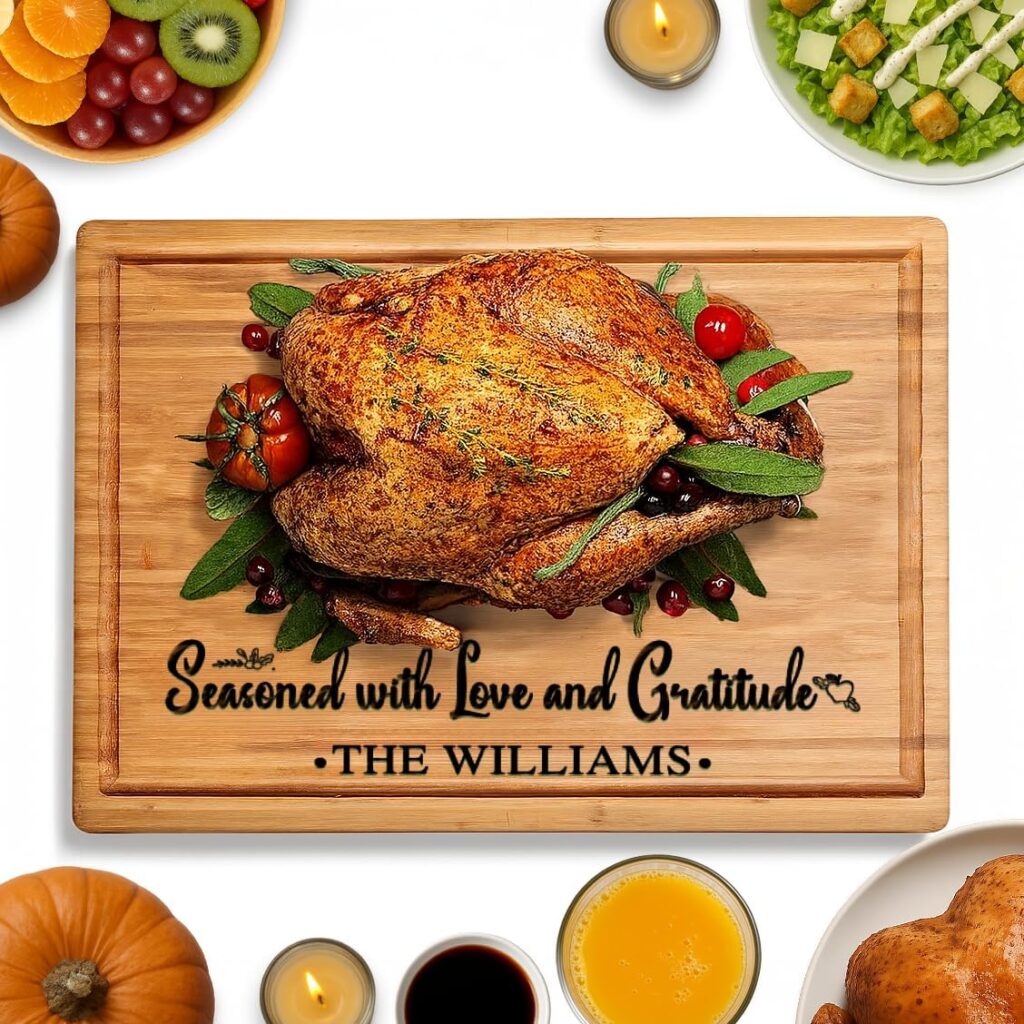 Personalized Turkey Platter for Thanksgiving – Custom Serving Carving Board with Juice Groove – Engraved Wooden Thanksgiving Essentials Gift for Couple