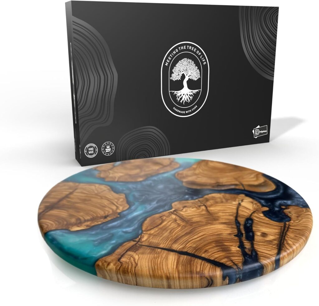 Handmade Olive Wood Round Cutting Board Resin Round Charcuterie Board, Epoxy Wood Cutting Board for Kitchen, Ocean Resin Cheese Board Wood Circle, Olive Wood Resin Pizza Board (Ocean)