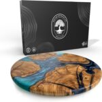 Handmade Olive Wood Round Cutting Board Resin Round Charcuterie Board, Epoxy Wood Cutting Board for Kitchen, Ocean Resin Cheese Board Wood Circle, Olive Wood Resin Pizza Board (Ocean)