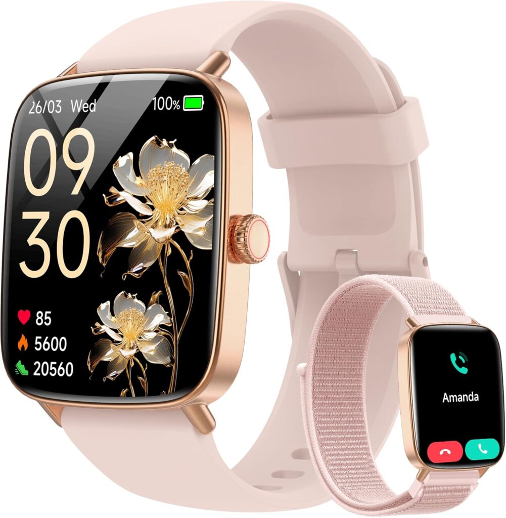 Smart Watch for Women, 1.85″ HD Dynamic Dial Smartwatch for Android & iPhone with Answer/Make Call, Fitness Tracker with 110+ Sport Modes, Heart Rate/SpO2/Sleep Monitor, IP68 Waterproof (2 Bands)