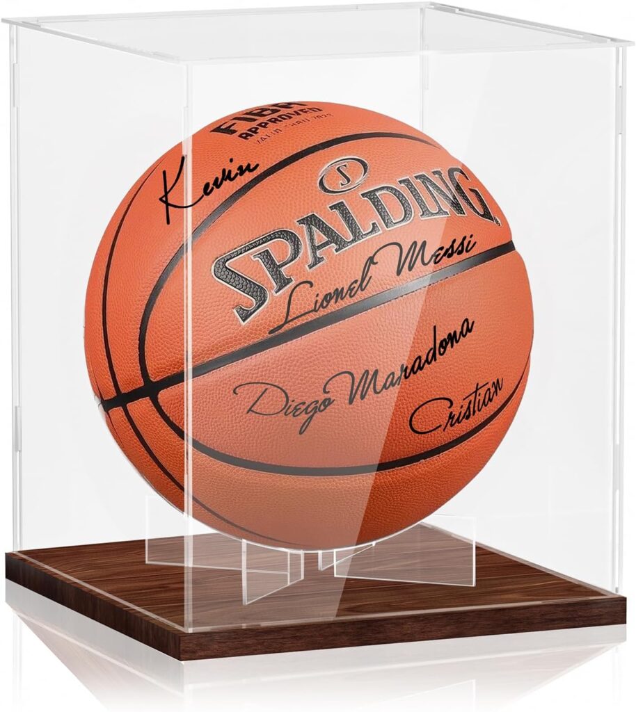 Basketball Display Case – Clear Acrylic UV Protected Full Size Holder with Solid Wood Base & Display Stand for Autographed NBA WNBA Basketball or Soccer Ball Memorabilia