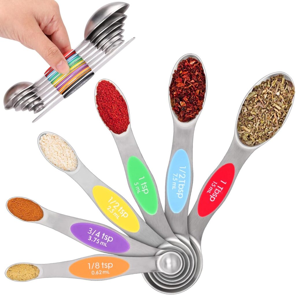 Magnetic Measuring Spoons Set – 7-Piece Stainless Steel Dual Sided Spoons with Leveler, Rustproof Nesting Design for Cooking, Baking & Medicine (US/Metric Markings, Dishwasher Safe)