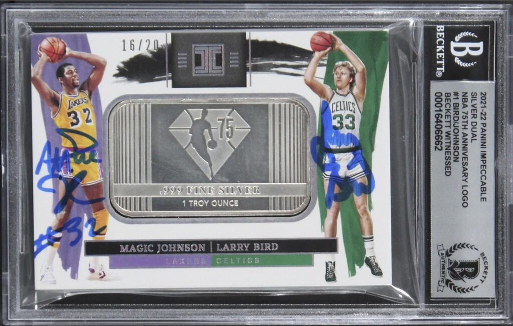 Magic Johnson Larry Bird Signed ’21 Panini Silver #1 16/20 Card Auto 10 BAS Slab – Basketball Autographed Cards