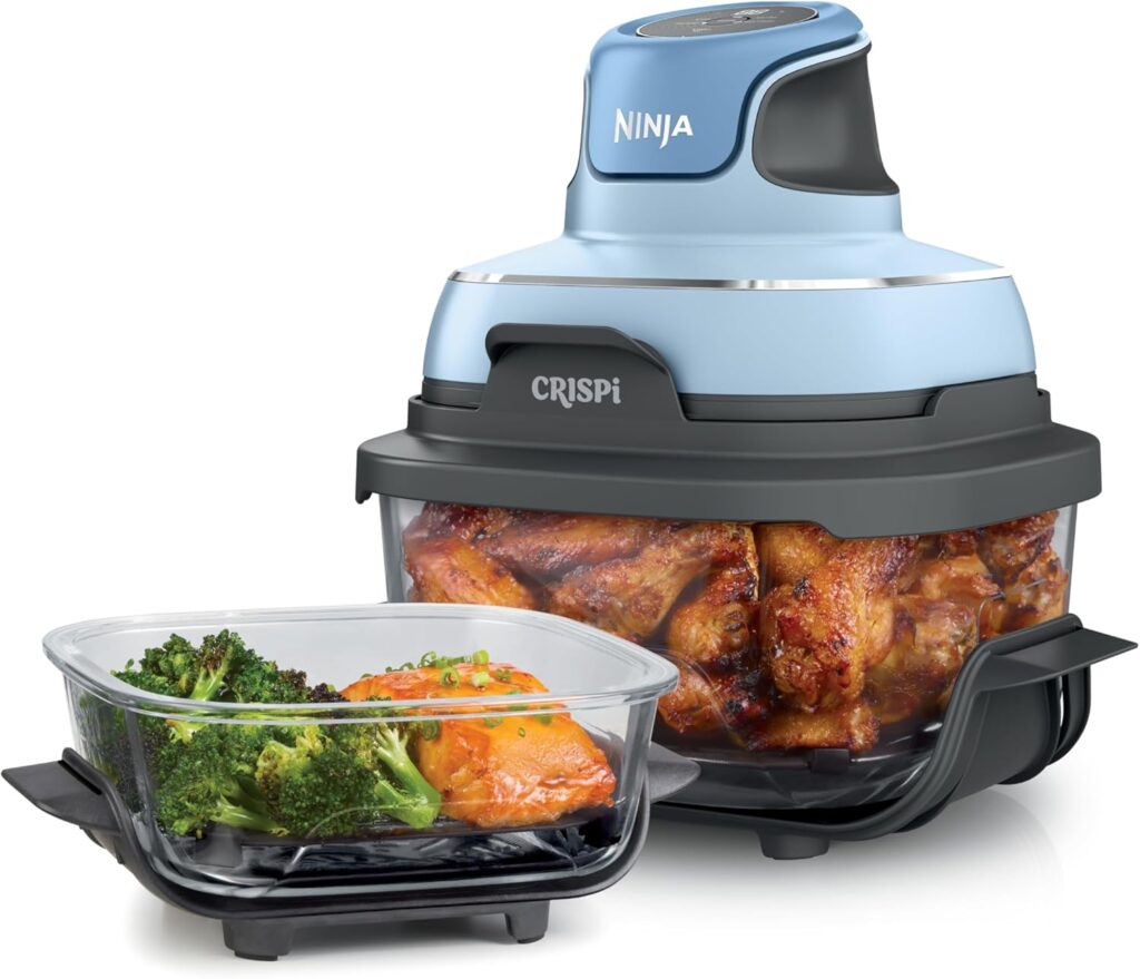 Ninja Crispi Air Fryer, Microwave, Freezer & Dishwasher Safe, Non Toxic Glass Portable Cooking System, 4 QT & 6 Cup Glass Containers with Storage Lids, Easy Meals, Air Fry, Bake, Periwinkle (Renewed)