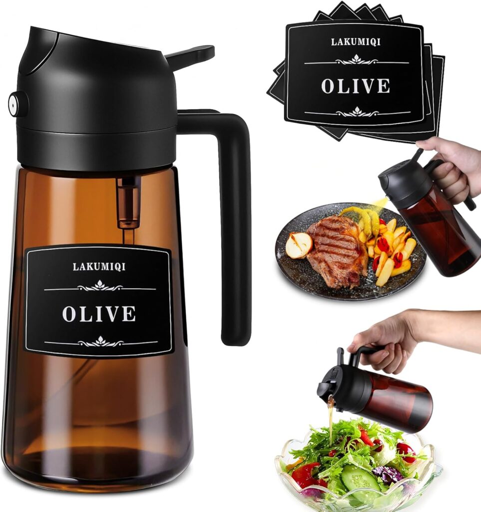 2-in-1 Glass Oil Dispenser & Sprayer – 16oz/470ml Leakproof Olive Oil Sprayer Bottle for Cooking, Air Fryer, BBQ, Baking, Salad (Black)
