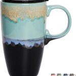 Bosmarlin Ceramic Travel Coffeel Mug with Handle and Lid, 18 oz, Portable Coffee Cup for Car Cup Holder, Microwave and Dishwasher Safe, Reactive Glaze (Pastel Blue)