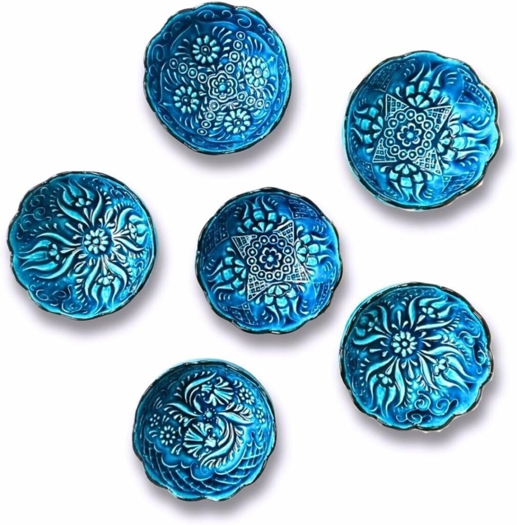 Handmade Decorative Turkish Ceramic Bowl Set of 6, Blue Pinch Bowls for Dipping&Serving – Small Versatile and Unique Charcuterie Accessories, Mini Sauce Dish, Floral Pattern Snack Bowls