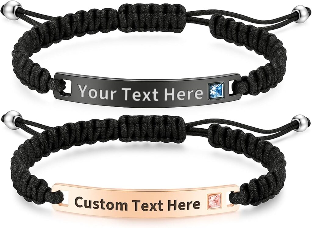 Custom Engraved Bracelet for Couples – Personalized Name Bracelet with Adjustable Braided Rope & Stainless Steel Plate – Romantic Gift for Anniversary, Valentine’s Day, Birthday