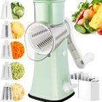 VEKAYA Rotary Cheese Grater, 5 in 1 Cheese Grater with Handle, Replaceable Stainless Blades Cheese Shredder, Cheese Vegetable Slicer, Easy to Clean Kitchen Gadgets with Storage Box
