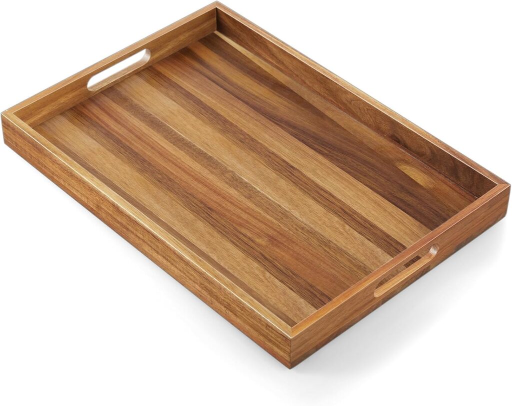17 Inch Acacia Wood Serving Tray with Handles – Large Wooden Tray for Ottoman, Breakfast in Bed, Dinner, Coffee Table – Decorative Rectangular Tray for Living Room Bedroom Entryway and Kitchen