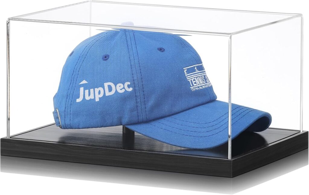 JupDec Hat Display Case, Clear Acrylic Baseball Cap Display Box Stand, UV Protection Signed Hat Transparent Showcase with Solid Wood Base Risers & Hat Shaper, Ideal Gift for Caps Collector, Black