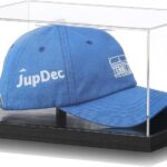 JupDec Hat Display Case, Clear Acrylic Baseball Cap Display Box Stand, UV Protection Signed Hat Transparent Showcase with Solid Wood Base Risers & Hat Shaper, Ideal Gift for Caps Collector, Black