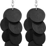 Handmade Bohemian Wooden Round Geometry Dangle Drop Earrings Long Chain Wood Disc Circle Hook Earrings For Women