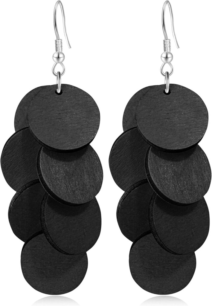 Handmade Bohemian Wooden Round Geometry Dangle Drop Earrings Long Chain Wood Disc Circle Hook Earrings For Women