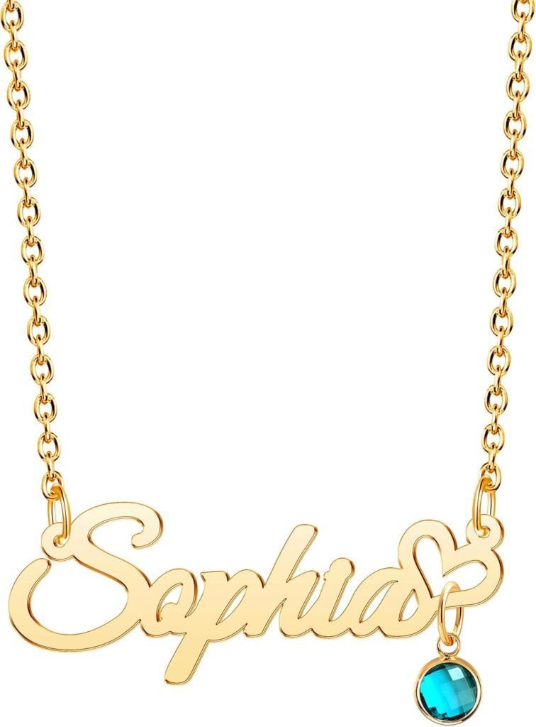 Q&Locket Heart Custom Name Necklace Personalized with Birthstone Name Chain Necklace Nameplate Pendant 18K Gold Plated Dainty Customized Jewelry for Women