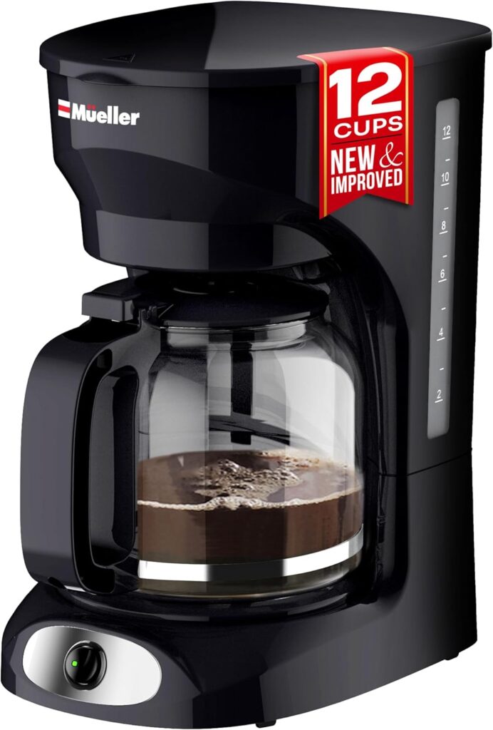 Mueller 12-Cup Drip Coffee Maker – Borosilicate Carafe, Auto-Off, Reusable Filter, Anti-Drip, Keep-Warm Function, Clear Water Level Window Coffee Machine, Kitchen Essentials & Accessories