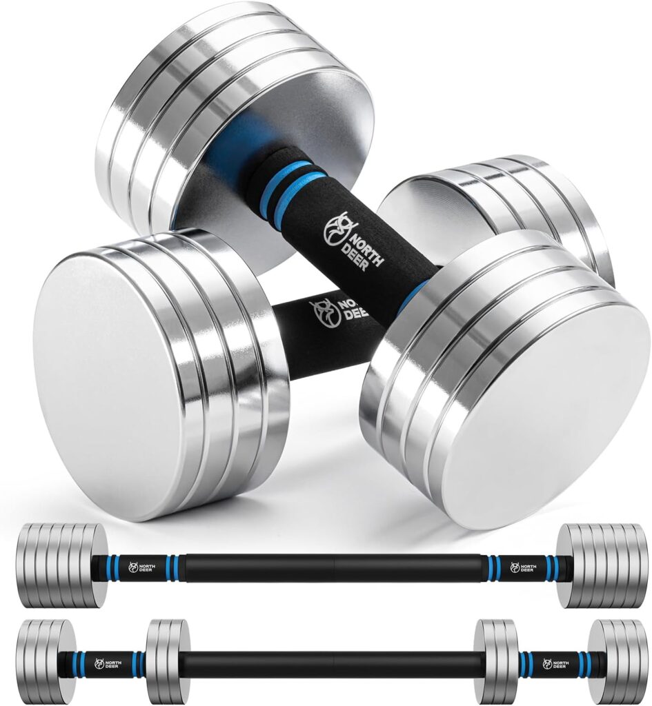 Northdeer V2.0 Upgraded Adjustable Steel Dumbbells 40LB / 60LB – 2 in 1 Dumbbell Barbell Set for Home Gym Workout – Compatible with V1.0 Dumbbells