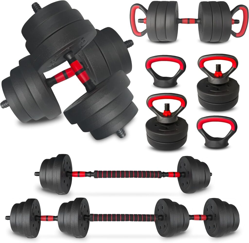 Adjustable Dumbbell Set 25/45/75/90LB, Changeable Dumbbell Set with Connecting Rod 4 in1 Dumbbells Set Used as Barbell, Kettlebells, Push up Bar, Fitness Exercises for Home Gym Suitable Women