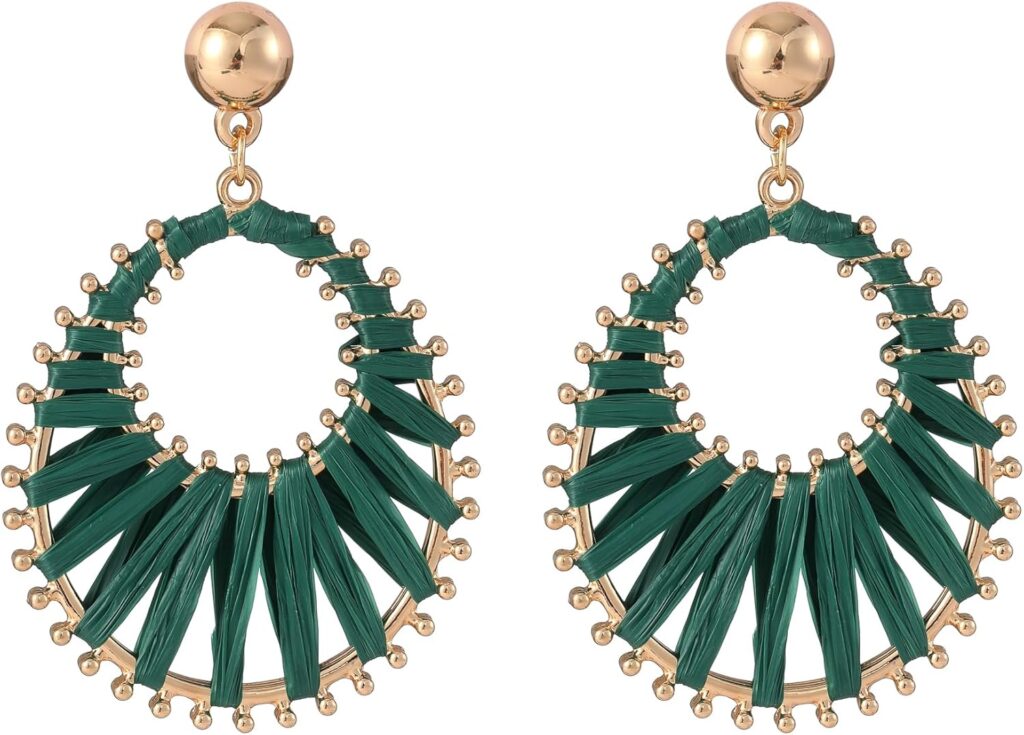 Viva Joya Boho Raffia Teardrop Earrings for Women, Large Statement Drop Dangle Earrings for Prom, Aesthetic Fashion Trendy Jewelry, Handmade Woven Beach Bridal Shower Earrings