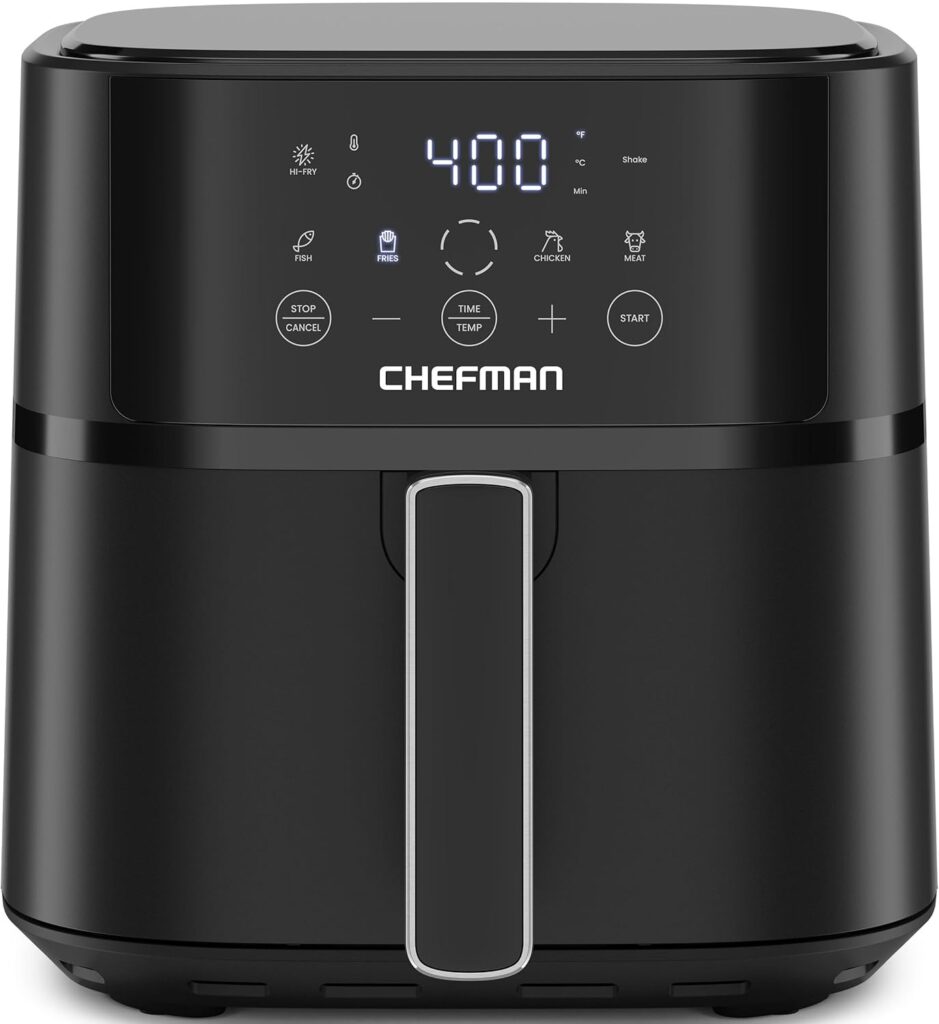 Chefman Air Fryer – 6 QT Compact Airfryer for Quick & Easy Meals in Minutes, Features Hi-Fry Technology for Extra Crisp, Touchscreen Controls with 4 Presets, Nonstick & Dishwasher Safe Basket – Black