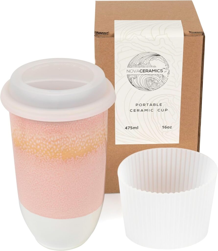 NOVA CERAMICS Travel Mug On the Go Coffee Mug Microwave & Dishwasher Safe Green Tumbler – Gifts For Women Men 16oz Afterglow