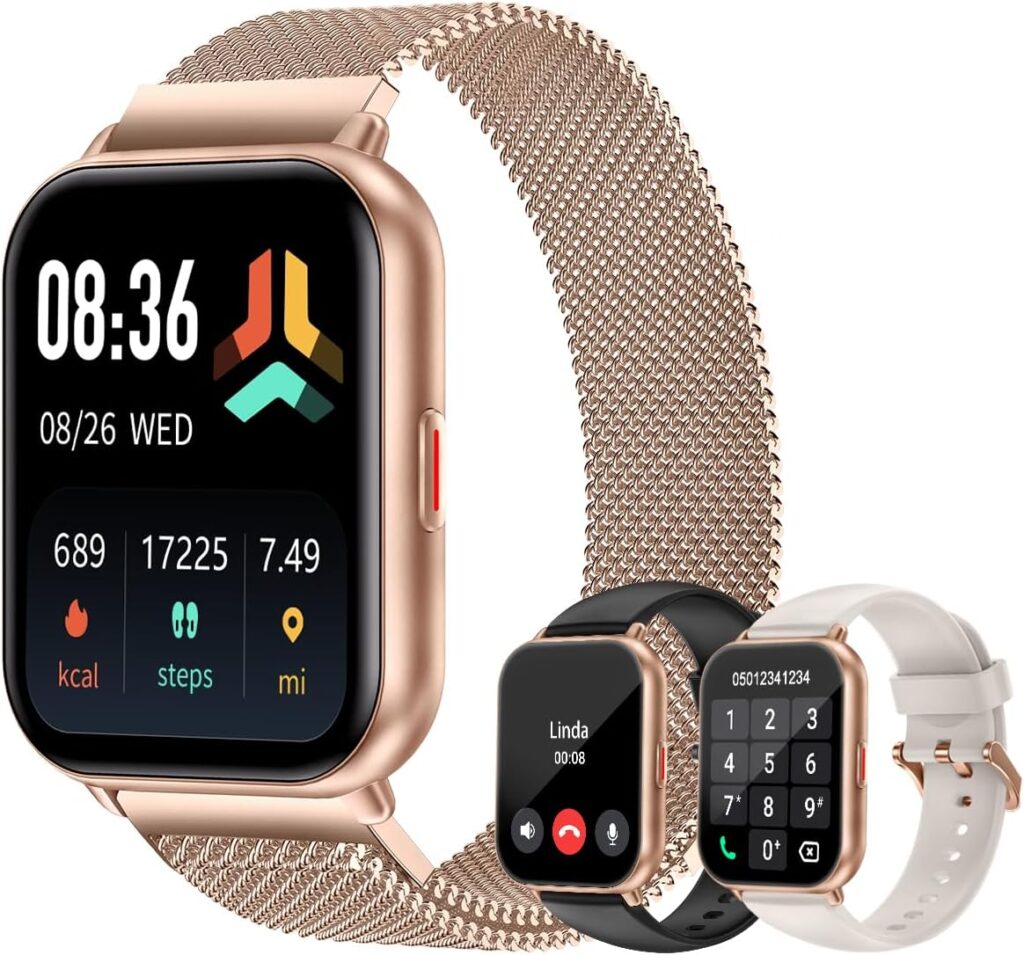 Smart Watches for Women Men (Answer/Make Calls, 3 Bands), 1.85″ Fitness Tracker Watch for iPhone/Android Phones with Heart Rate Monitor Sleep/Steps Tracker 100+ Sports Pedometer Waterproof Gold