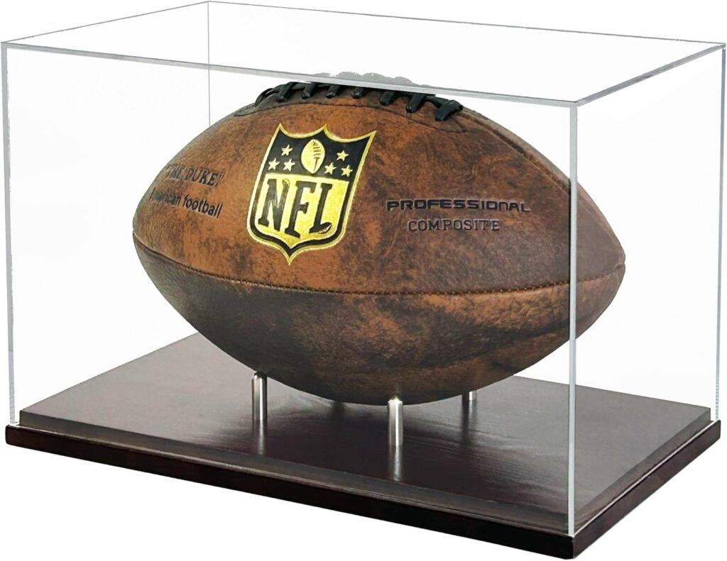 Happyseason Football Display Case, One-Piece Acrylic Case with Solid Wood Base, Stainless Steel Rods for Full Size Football, UV-Protected Football Holder for Fans & Collectors, No Assembly Required