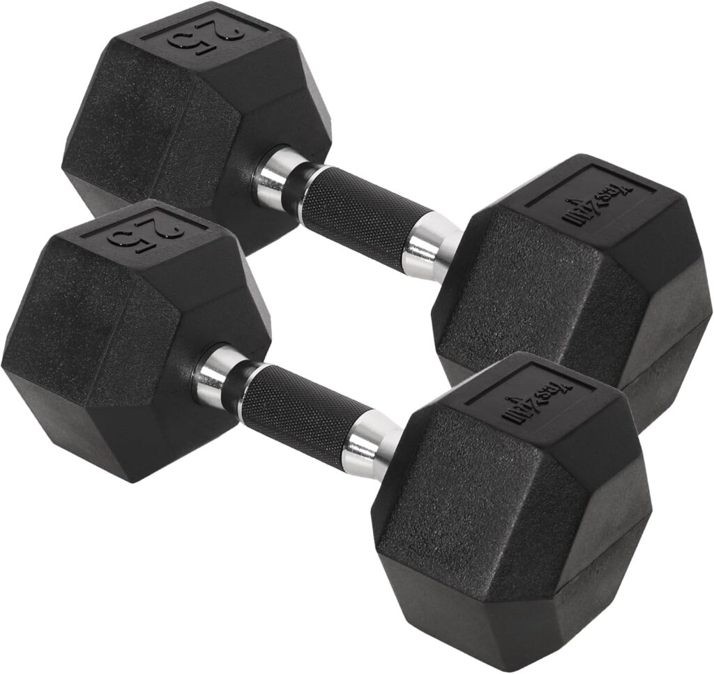 Yes4All Chrome/Rubber Grip Encased Hex Dumbbells – Hand Weights With Anti-Slip 10-30 LBS Pair