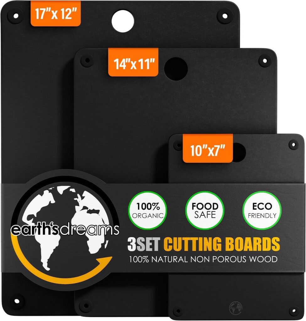 Earth’s Dreams Wood Cutting Board Set 3-Piece: Small, Large & Extra Large – Charcuterie Board, Non-Plastic, Non-Toxic, Heavy-Duty, Dishwasher Safe (Black)