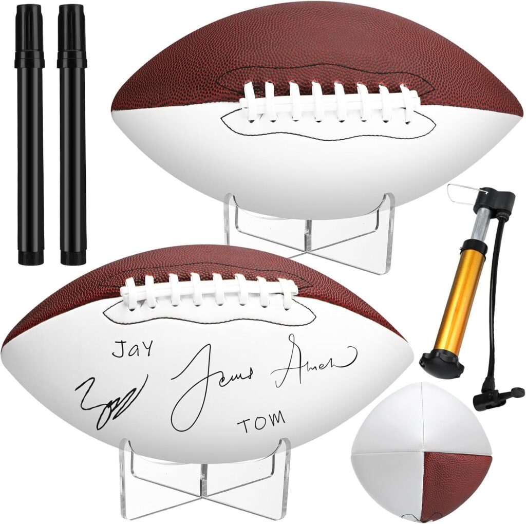 Liliful 2 Pcs Autograph Football Basketball Blank Official Size with 2 Stand 2 Signature Pen 1 Pump for Fantasy Trophy Anniversary Birthday Graduation
